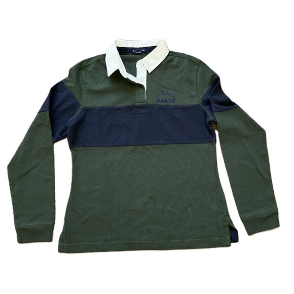 Landmark Tops - Banff Long Sleeve Polo T Shirt Green/Navy Rugby Stripe Women's Medium